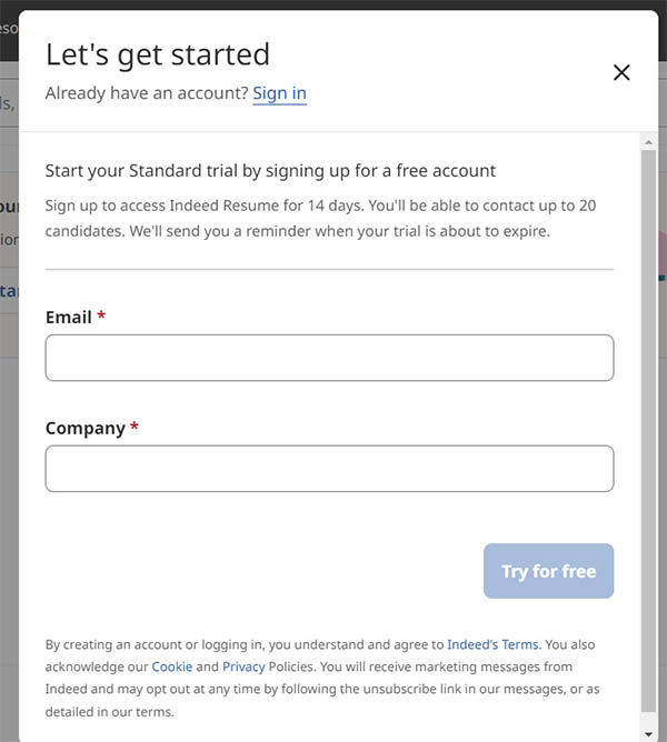 Indeed's create an employer account form.