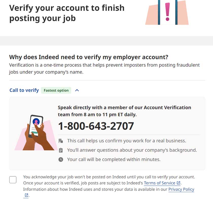 Indeed's employer verification process.