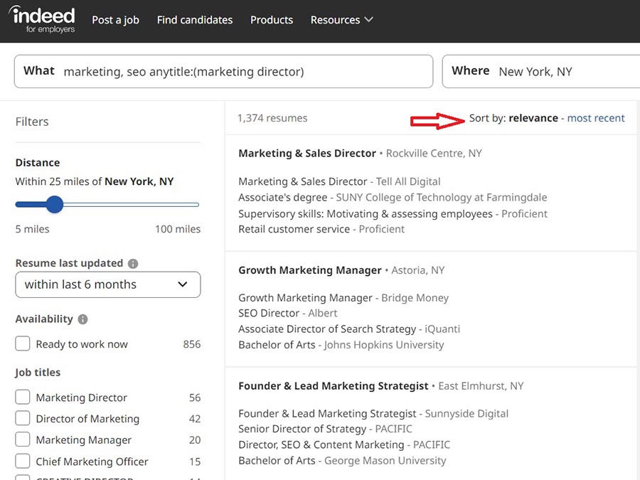 Indeed's resume search sorting feature.