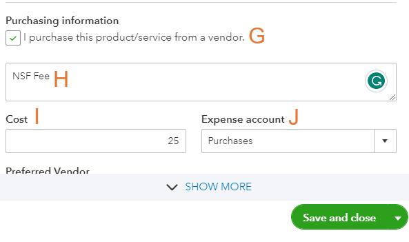 Lower section of the Product/service information screen showing fields like Cost and Expense account.
