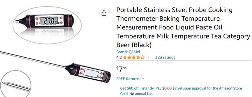 Product (digital thermometer) listed on Amazon with competitive pricing and no free shipping.