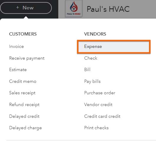 Screen in QuickBooks where you can navigate to the expense screen.