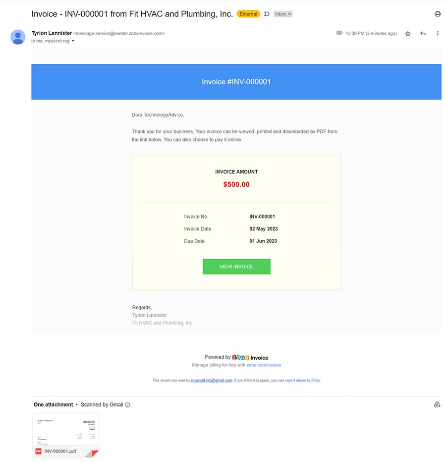 Sample email invoice generated using Zoho Invoice with view invoice button that redirects to the customer portal.