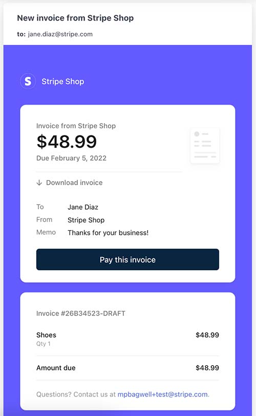 Sample invoice from Stripe with a payment redirect button.