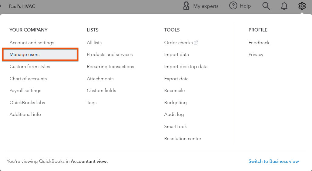Section in QuickBooks Online where you can navigate to the Manage users screen.