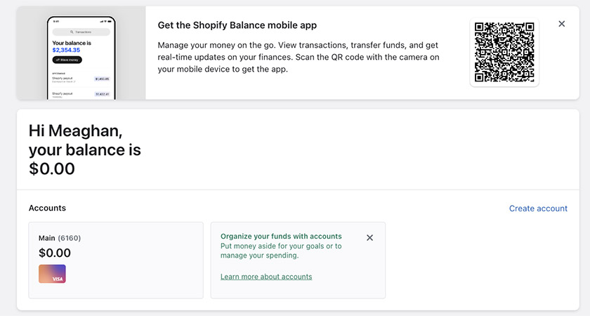 Shopify Balance mobile app create account.