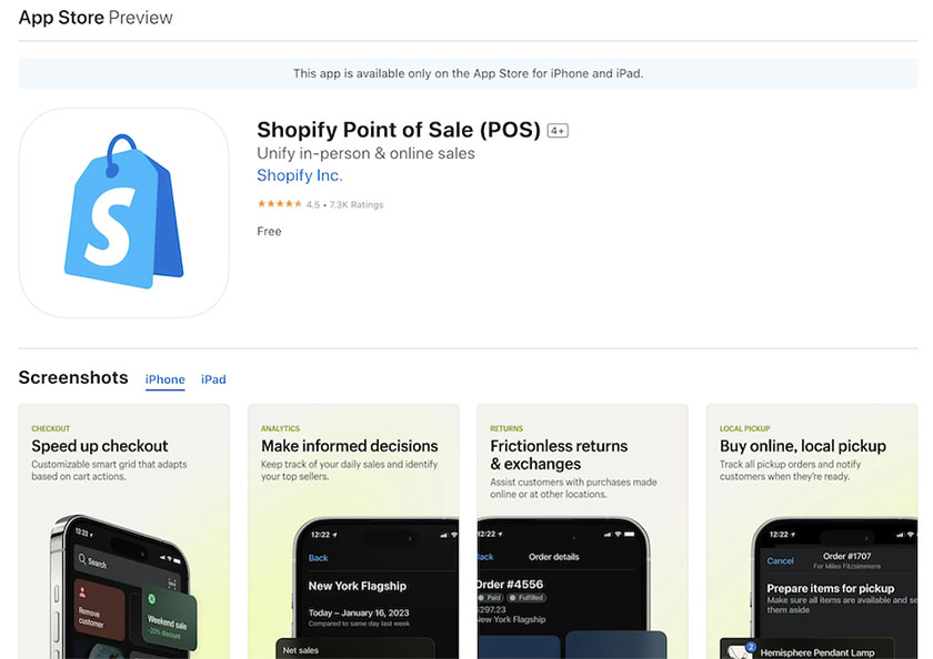Shopify POS app product page in the App Store.