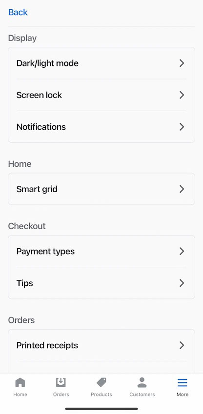 Shopify POS app settings page with Tips option.