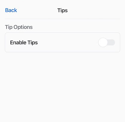 Shoify POS app tip options, enable tips toggle..