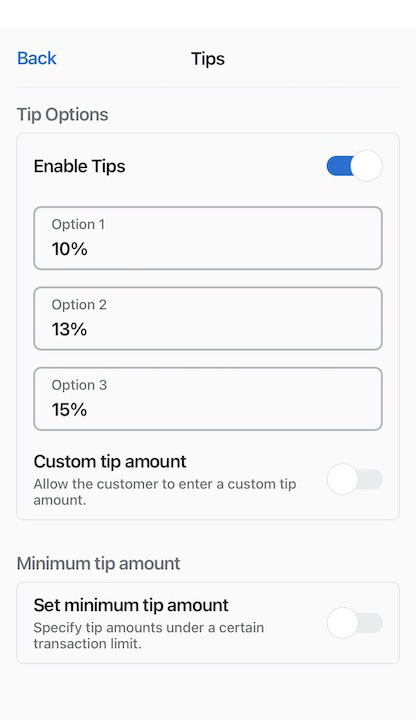 Shopify POS app tipping options customization page.