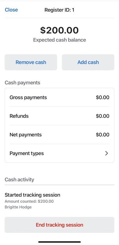 Shopify POS cash tracking session page with option to end session.