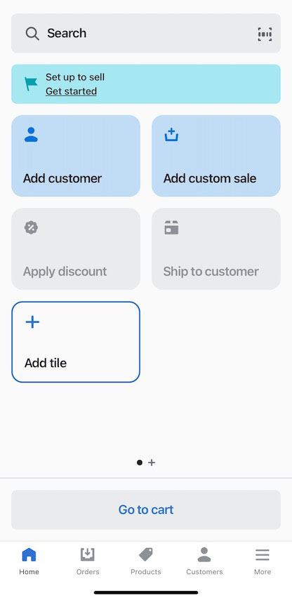 Shopify POS checkout screen with tiles for add customer, add custom sales, apply discount, and ship to customer.
