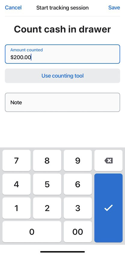 Shopify POS count cash drawer page with $200 for amount counted.