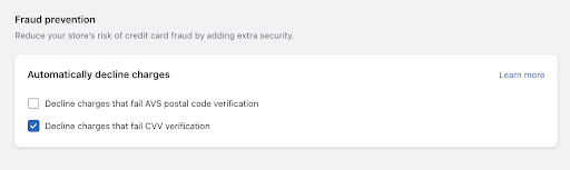 Shopify Payments fraud prevention AVS CVV verification.