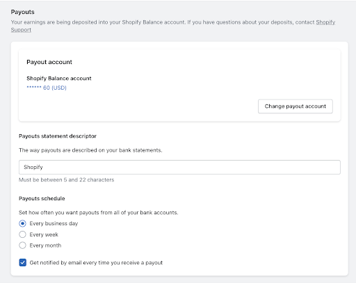 Shopify Payments payouts setup payouts statement descriptor payouts schedule.