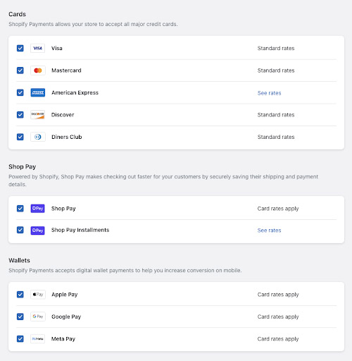 Shopify Payments setup for Credit Cards, Shop Pay, and Digital wallets Apple Pay Google Pay Meta Pay.