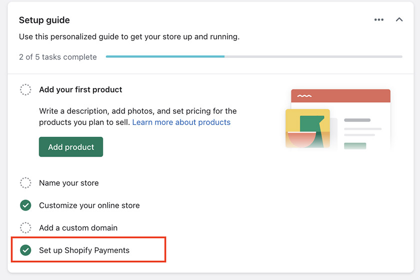 Shopify Payments setup from onboarding setup guide.
