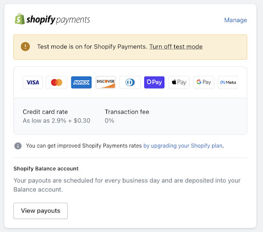 Shopify Payments test mode enabled active.