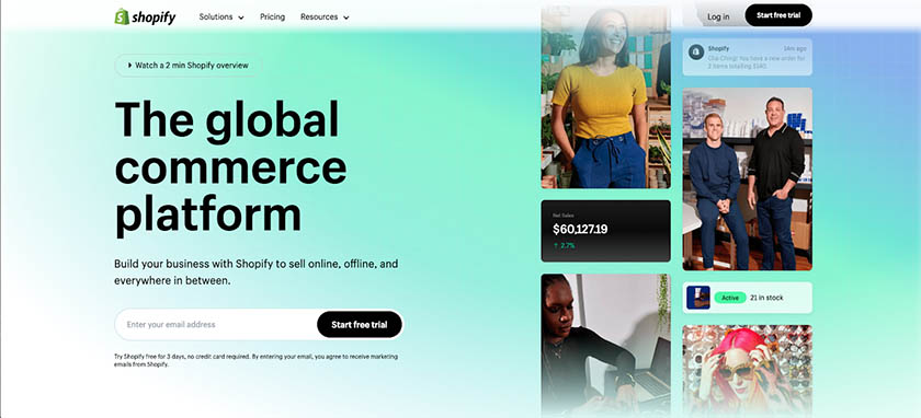 Shopify website homepage with sign-up field.