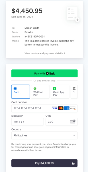 Stripe test invoice with sample transaction and checkout form.