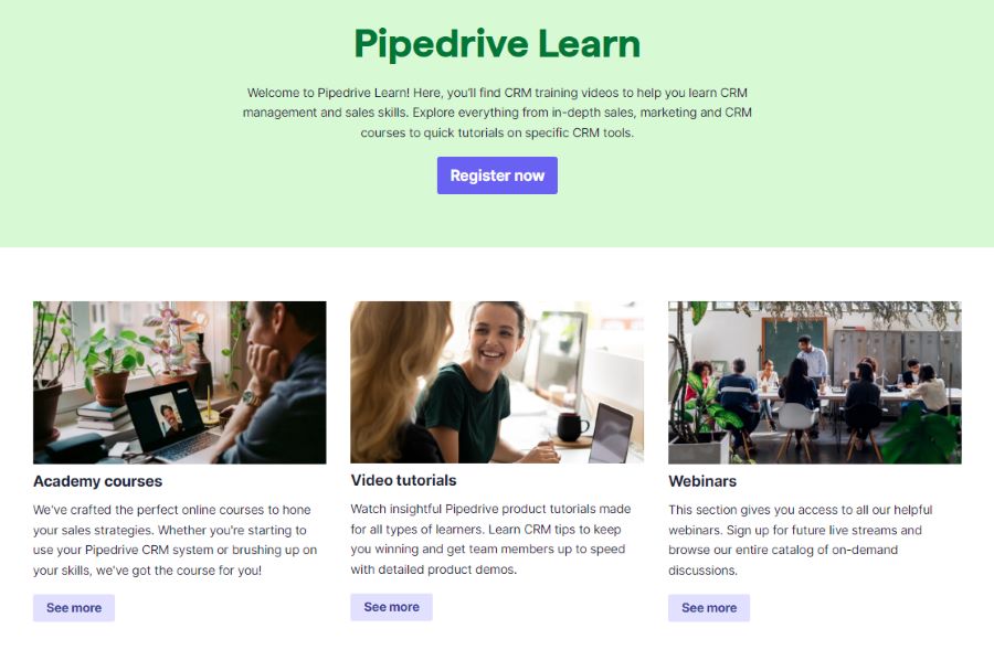 The home page of Pipedrive Learn, showing options to see courses, tutorials, and webinars.