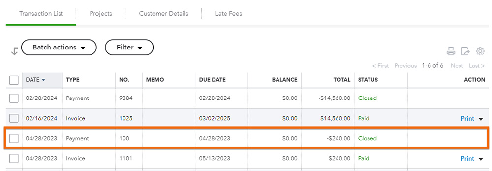 Transaction list tab in QuickBooks highlighting the original invoice after it's paid.
