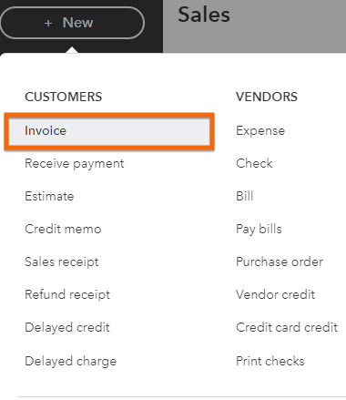 Screen where you can navigate to the Invoice screen in QuickBooks Online.