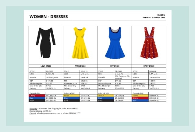 Women clothing dresses retail product wholesale line sheet.
