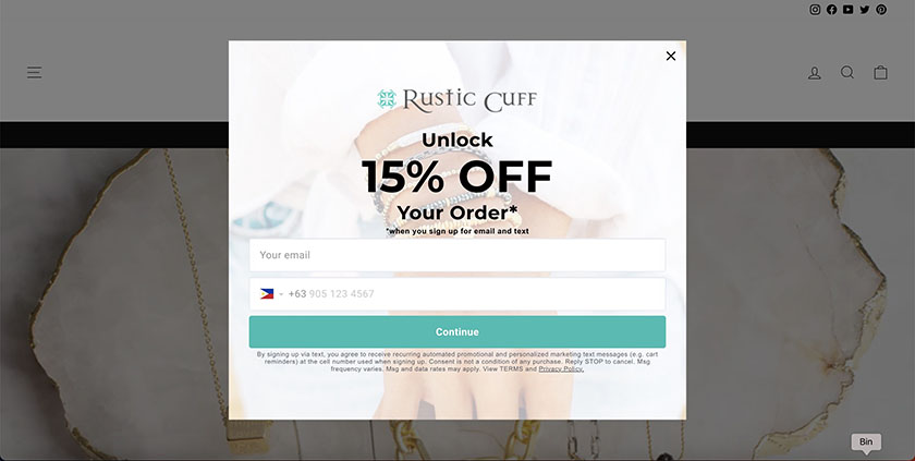 promotional splash page by Rustic Cuff with discount voucher