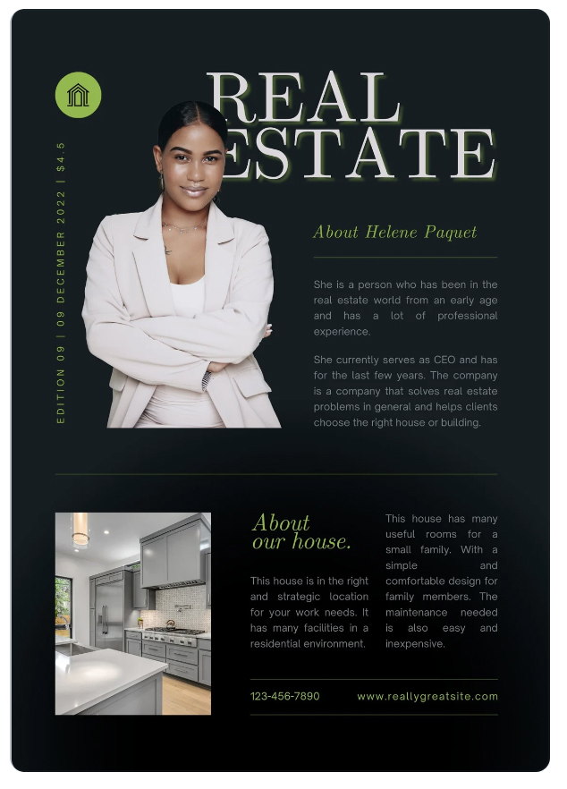 Screenshot of real estate newsletter with black background and prominent agent headshot at top.
