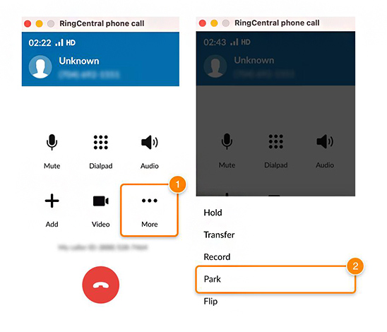 RingCentral desktop app interface showing the advanced call control options during a live call: hold, transfer, record, park, and flip