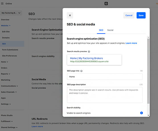 Screenshot showing how to edit SEO settings in the Square website editor