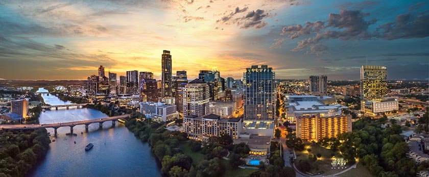 Austin, Texas skyline at sunset.