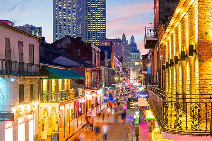 Pubs and bars with neon lights in the French Quarter, New Orleans