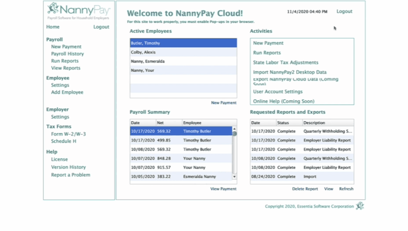 NannyPay processes payments an employee at a time.