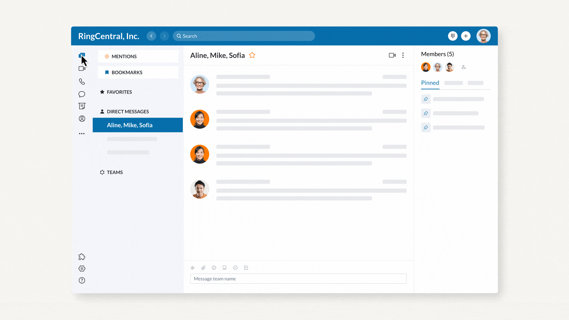 A user clicking RingCentral MVP’s Workspace option on messaging, selecting the "Daily check-in task," and changing the team assigned from "Creative team" to "Dev team PM".