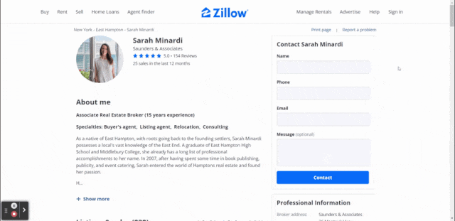A Zillow public profile page with a map and embedded video about the agent.