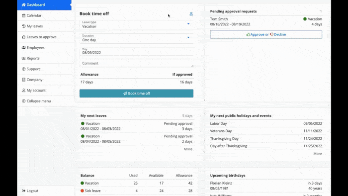 Calendar scheduling tool for booking and approving time off.