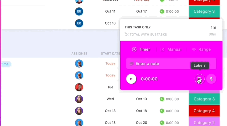 With ClickUp, you can start time by clicking a button plus and mark it as billable or not.