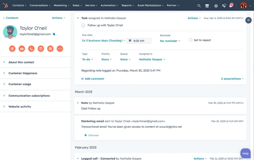 HubSpot CRM's contact management dashboard showing contact details and task-related activities.
