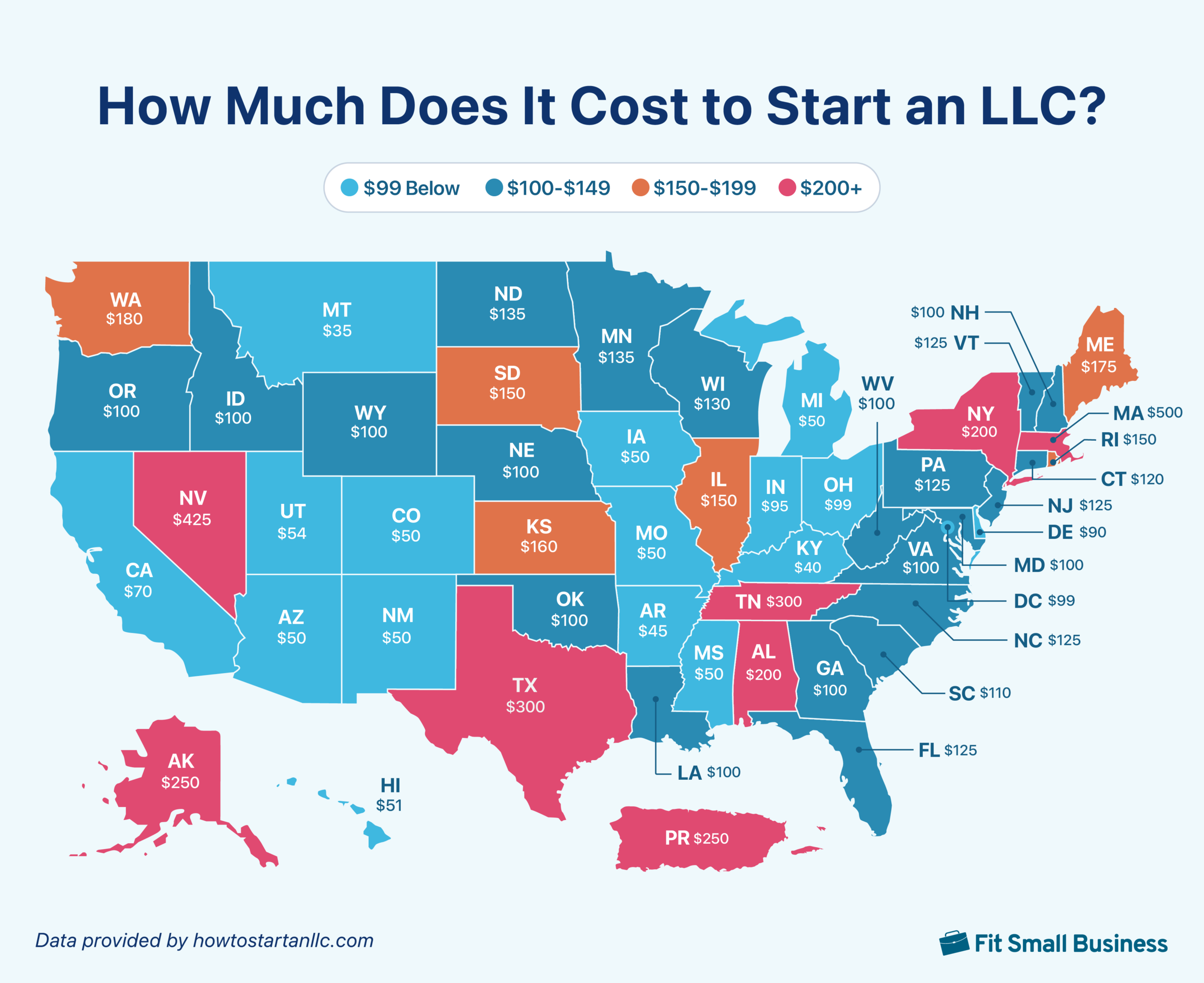 A map data visualization showing how much it cost to start an LLC.