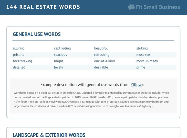 Preview of our downloadable "List of Real Estate Words"