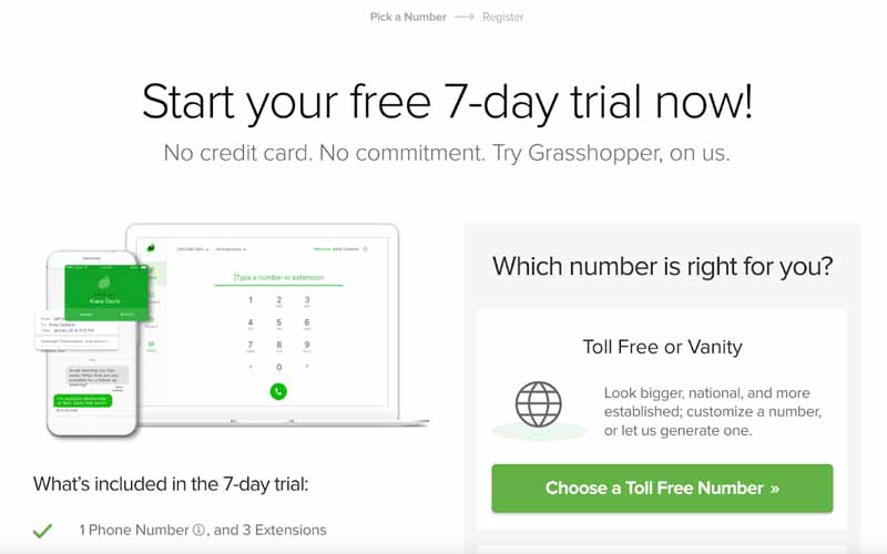 Grasshopper's sign up interface with details on the inclusions of its 7-day free trial.