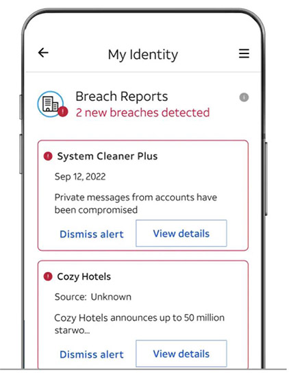 Graphics on an iPhone showing breach reports alerts