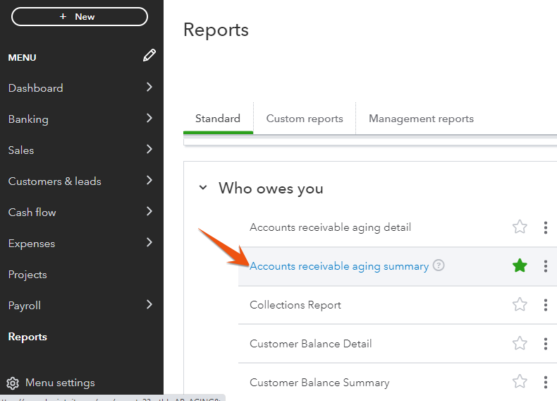 Reports tab highlighting the Accounts receivable aging summary repot under the Who Owes You section