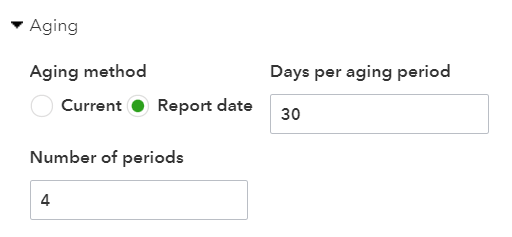 Section where you can select the aging options to apply to your QuickBooks Accounts Receiable aging report