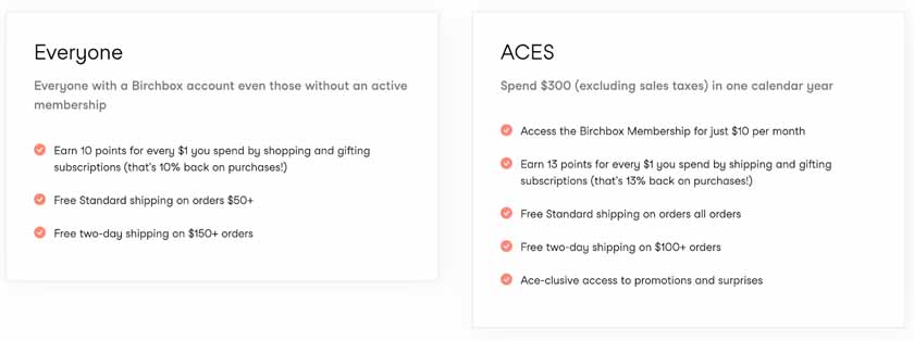 Comparison of customer benefits from beauty brand Birchbox, one column for all customers and another for members of its ACES program.