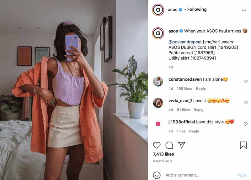 Instagram post from fashion brand Asos resharing a customer's photo wearing its items