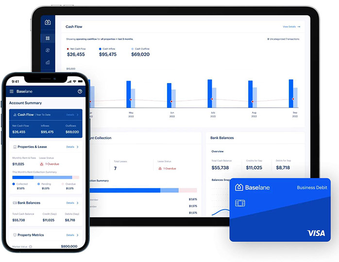 Dashboard with landlord financial information on mobile and desktop