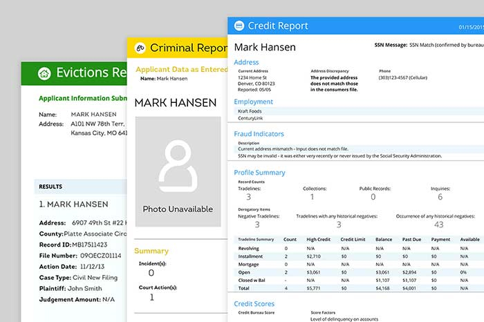TransUnion criminal, eviction, and credit reports in the SmarMove background check tool.